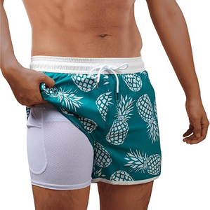 <b>Men's</b> Reversible Pineapple <b>Print</b> Beach <b>Shorts</b> Mid Waist Drawstring Quick Dry Swim Trunks with Pockets Light Green and White - Product Image 2