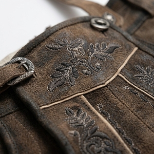 <b>Men's</b> <b>Brown</b> Leather Lederhosen With Embroidery Floral Pattern High Waist Casual <b>Shorts</b> Breathable Handmade Bavarian Style - Product Image 3