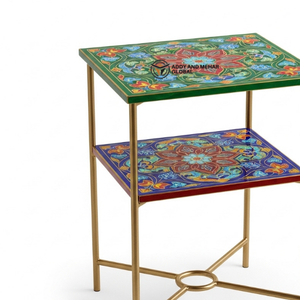 Mesa Auxiliar Artesanal Multicolor con Incrustaciones de Hueso y Estructura Metálica – Mesa Decorativa de Dos Niveles para Sala de Estar y Otomanas - Product Image 4