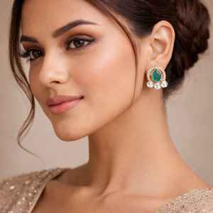 Boucles d'oreilles clous en pierre verte, finition or, style Kundan, bijoux indiens artisanaux pour mariée, avec pierre émeraude - Product Image 1