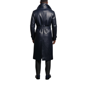 Men's <b>Black</b> Genuine Leather Long Trench Coat Notched Lapel Double Breasted Belted Regular Sleeve - Product Image 3