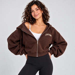 Sweat-shirt court zippé personnalisé pour femme, léger, marron foncé, avec taille côtelée, vêtement de sport, veste courte, vêtement d'extérieur - Product Image 1