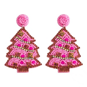 Boucles d'oreilles pendantes en forme d'arbre de Noël perlées roses pour femme, bijoux fantaisie mignons pour mariage, clous à griffes en perles de verre - Product Image 1