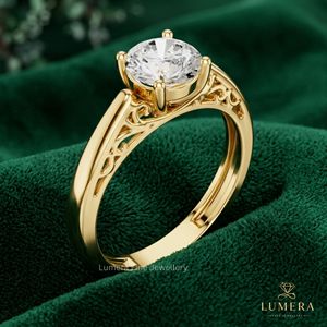 Bague de fiançailles en diamant taille ronde, bague solitaire vintage en filigrane, diamant de laboratoire de haute qualité, bijoux fins, cadeau - Product Image 3