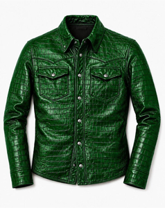 Men's Green Luxury Leather <b>Jackets</b> for Embossed Genuine Leather Winter High Street Front Pocket <b>Western</b> Fashion Coat - Product Image 1