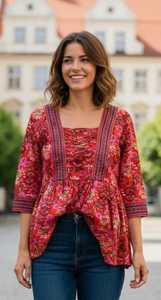 Top de Algodón con Cuello en V para Mujer, Túnica con Estampado Floral, Manga Corta, Estilo Informal de Verano, Estilo Kurti, Atuendo Diario Cómodo - Product Image 2
