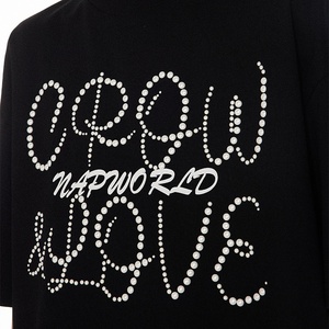 T-shirt d'été en coton épais avec lettres en strass et perles pour homme, col rond, coupe ample, manches courtes - Product Image 4