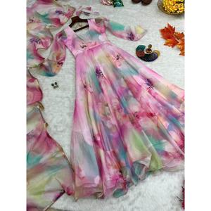 DISEÑADOR ORGANZA SEDA DIGITAL PRINT TRABAJO VESTIDO PANTALÓN CON DUPATTA ROSA - Product Image 1