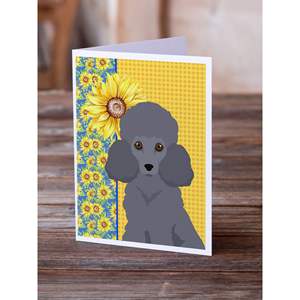 Whimsical Summer Sunflowers Grey Poodle Tarjetas de felicitación Pack 8 A7 Tamaño 5x7 Tarjetas de notas en blanco con sobres para notas personalizadas - Product Image 2