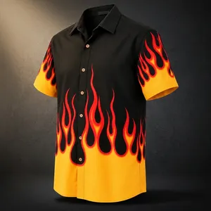 Chemise décontractée pour homme à manches courtes en tricot anti-rides, imprimé flamme, noir et jaune, en polyester popeline respirant pour l'été - Product Image 2