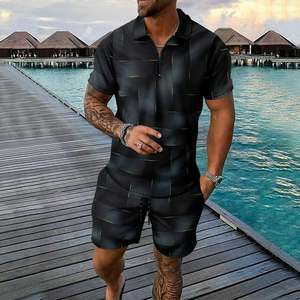 Ensemble polo et short pour homme, noir uni, tissé, personnalisable, tenue décontractée d'été, respirant, 100% coton, deux pièces - Product Image 4
