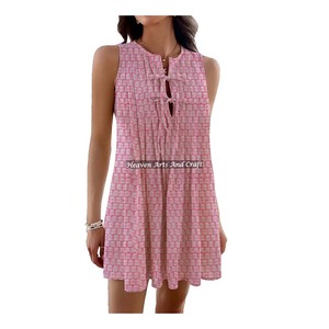 Prix abordables, vêtements de plage pour femmes, mode bohème, robe courte sans manches, haut à imprimé en bloc, mode gitane, haut à imprimé à la main - Product Image 1