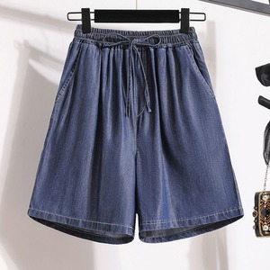 Shorts en jean de coton pour femme, couleur unie, taille à cordon, coupe ample, style décontracté, tissu respirant, taille mi-haute - Product Image 4