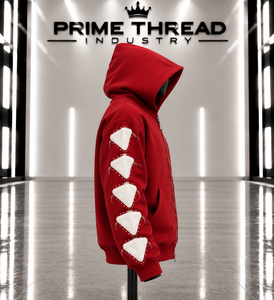 Wholesale Custom Men’s <b>Red</b> Zip Up Hoodie Distressed Applique Patch Hoodie Rhinestone Studded Sleeve Oversized Streetwear Hoodie - Product Image 3