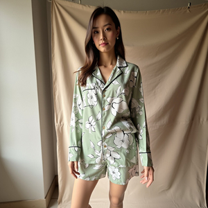 Daisy Twilight Lounge Set para mujer Camisa de viscosa de manga larga y pantalones cortos elásticos con acentos florales vintage PJ Set - Product Image 3