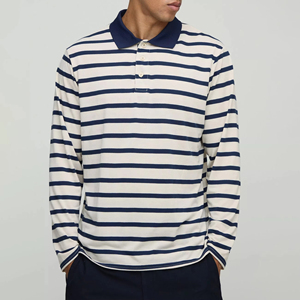 Polo Personalizado con Logotipo, 100% Algodón, a Rayas, para Hombre, con Hombros Caídos, Mangas Largas, Aberturas Laterales, Estilo Jersey de Rugby Oversize - Product Image 1