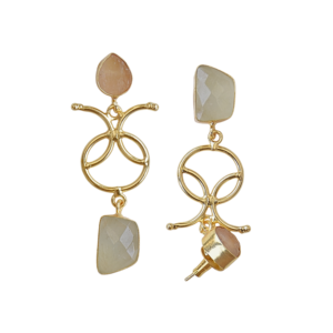 Boucles d'oreilles pendantes plaquées or avec double pierre en quartz rose semi-précieux et calcédoine rose-blanc, bijoux en pierres précieuses naturelles - Product Image 2