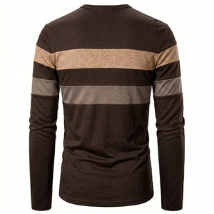 Custom Mens Long Sleeve Striped Henley Shirts Coffee Patchwork T Shirt Breathable Soft Cotton Fitness Apparel Tops Tees - Product Image 3