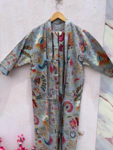 Green 100% Cotton Indian Beach Kimono Robe, Kimono Robe, Cotton Robe, Shower Robe, Maternity Robe, <b>Bath</b> Robe, Dressing Gown, Bea - Product Image 2