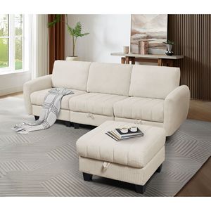Divano in Tessuto Corduroy Beige e Bianco con Pouf, Elegante Arredamento per Soggiorno - Product Image 1