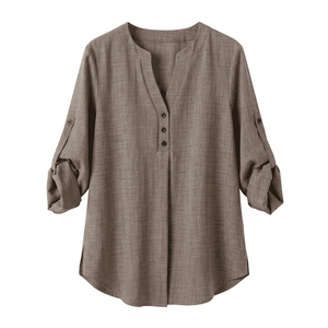 <b>Women's</b> Black V-neck Linen <b>Blouse</b> Loose Fit <b>Long</b> Conventional Sleeve Button Solid Bohemian Casual Shirt - Product Image 4
