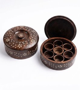 Natural Wood Spice <b>Box</b> Masala Dabba with 7 Sections and Transparent Lid - Product Image 1