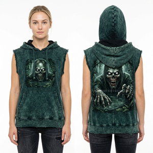 Sweat à capuche graphique squelette gothique pour femme, fermeture éclair latérale, asymétrique, effet vieilli, esthétique horrifique, style punk rock streetwear - Product Image 6