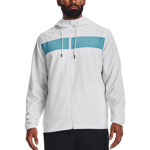 Veste coupe-vent à capuche pour homme, blanche, avec fermeture éclair à blocs de couleur bleue, vêtement d'extérieur décontracté pour le printemps, protection UV - Product Image 1