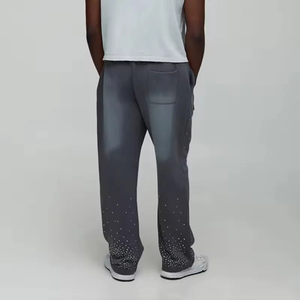 Pantalon de survêtement streetwear personnalisé avec strass, coupe oversize vintage, en molleton épais, délavé à l'acide, jambe droite, style baggy - Product Image 2