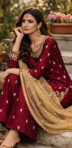 Conjunto de Kurti y Palazzo de Seda JC de Lujo con Bordado y Dupatta con Adornos de Moti para Bodas y Fiestas - Product Image 4