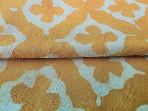 Tissu en coton imprimé à la main, motif abstrait beige moutarde, léger et écologique, style indien moderne, fait main - Product Image 1