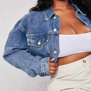 <b>Spark</b> Clothing Women's Cropped Denim <b>Jacket</b> Blue Turn Collar Button Closure Trucker Style Full Sleeve Waterproof Spring Washed - Product Image 5
