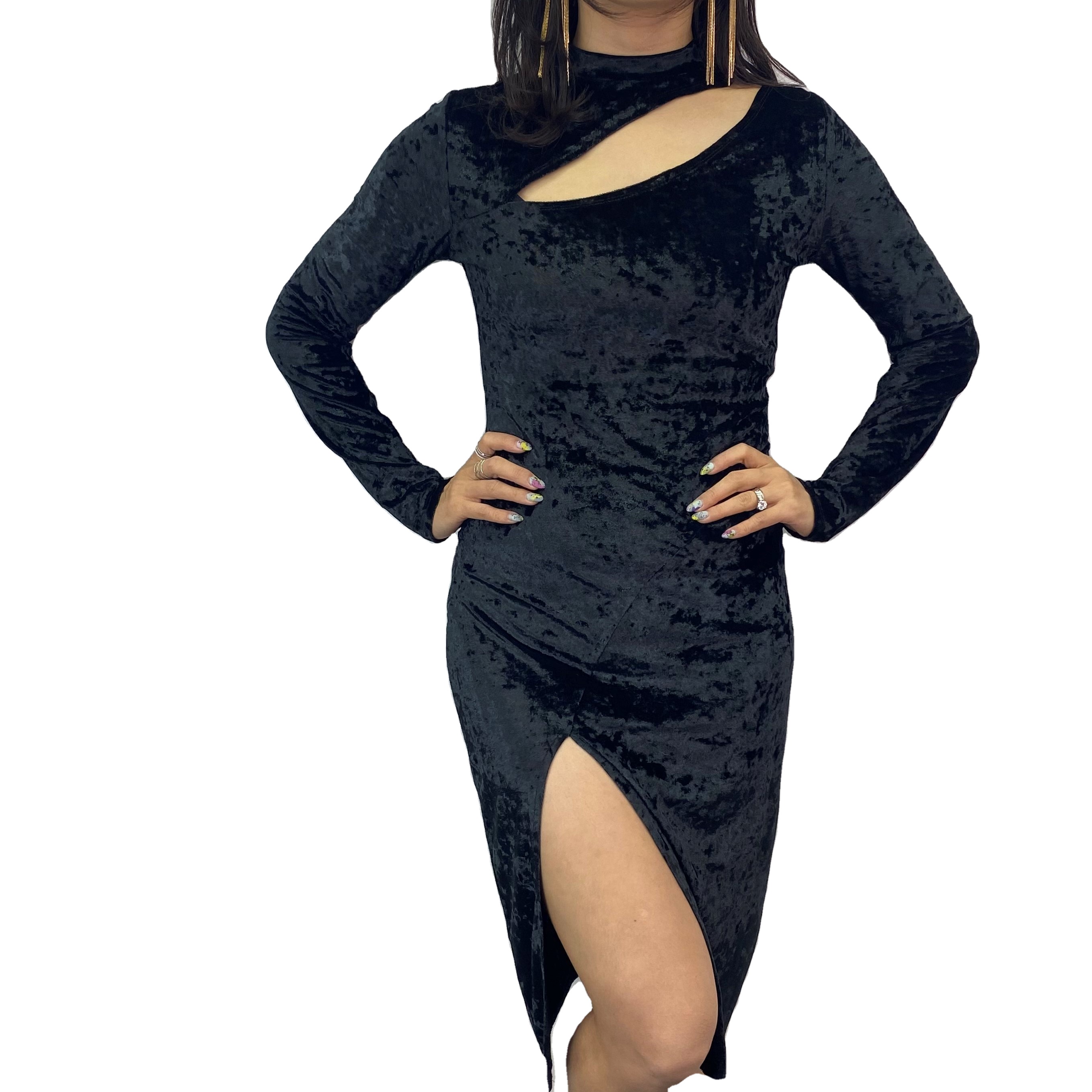 Женское трикотажное модное платье, повседневное осеннее сексуальное элегантное асимметричное бархатное платье на заказ с длинным рукавом и вырезом, женское платье с разрезом