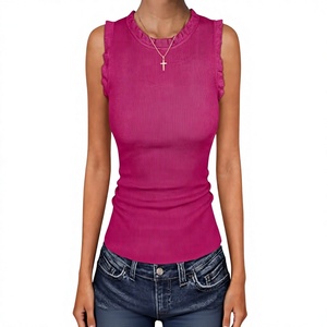Camiseta sin mangas acanalada para mujer con cuello con volantes, color liso, estilo casual, rosa - Product Image 5