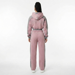 Conjunto de Sudadera Corta con Cremallera y Pantalones Jogger de Pierna Ancha para Mujer, con Bloques de Color y Detalles de Pedrería, Estilo Urbano - Product Image 2