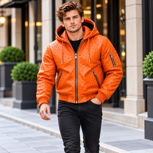 Premium Orange Ostrich <b>Leather</b> Hooded <b>Bomber</b> Jacket – <b>Men</b>’s Embossed <b>Leather</b> Fashion Biker Jacket with Zipper Pockets - Product Image 2