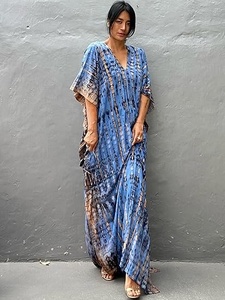 Vestido Largo Boho con Cuello en V y Tie Dye, Vestido Holgado con Dobladillo Asimétrico y Manga Tres Cuartos, Ropa de Playa de Verano para Mujer - Product Image 5