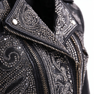 Chaqueta Safari de Cuero Sintético para Mujer Aussie Edge, Cortavientos de Invierno con Bordado Floral y Detalles de Cuentas, Cierre de Cremallera, Cuello Vuelto - Product Image 3