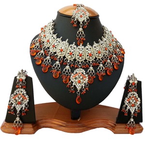 <b>Silver</b> Plated Crystal <b>Necklace</b> Set With Orange Rhinestones Women's Ethnic Wedding Jewelry Tassel Design - Product Image 1