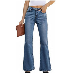 Jean évasé élégant pour femme, taille haute, fermeture boutonnée, 100 % coton, respirant, léger, coupe droite, jambe large, décontracté et tendance pour l'hiver - Product Image 1