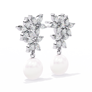 Boucles d'oreilles romantiques en forme de fleur avec moissanite marquise et perle d'eau douce en argent 925 pour femmes, bijoux de mariage - Product Image 4