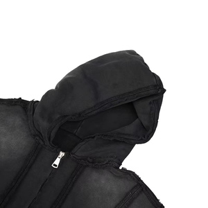 Sweat à capuche zippé pour homme, effet vieilli, délavé, patchwork déstructuré, en molleton bouclette épais, OEM - Product Image 4