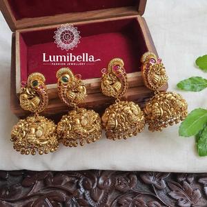 Heavy Temple Peacock Jhumka Earrings in Yellow Gold with Pearl and Emerald - Product Image 2