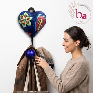 Handmade Ceramic Heart Wall <b>Hook</b> Floral Design Blue Color Rustic Style Single <b>Hook</b> Adjustable Waterproof Eco-Friendly - Product Image 2