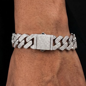 Bracelet de luxe en argent pour homme, style Miami Cuban Link, entièrement pavé de diamants CZ, chaîne lourde avec fermoir carré, bracelets Hip Hop pour hommes - Product Image 1