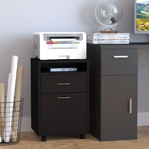 Mobiletto Organizzatore Moderno Nero con Cassetto, Supporto per Stampante in Plastica e Ruote per Ufficio, Soggiorno e Organizzazione Attrezzi - Product Image 2
