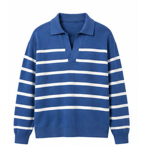 Men's Korean Version Lapel <b>Black</b> and <b>White</b> <b>Striped</b> Knitted Sweater Couple Casual Polo <b>Shirt</b> Jacket - Product Image 1