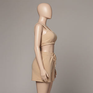 Ensemble deux pièces pour femmes : débardeur court uni kaki à col rond et short de détente à cordon de serrage – Vêtements en gros OEM ODM - Product Image 6