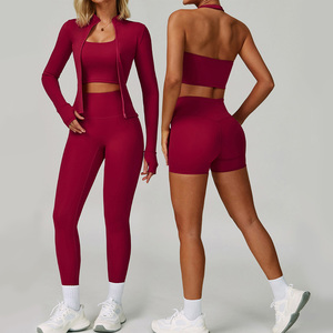 Leggings de fitness et yoga pour femmes, 3 pièces, sans couture, taille haute, respirants, en Spandex/Nylon, 220g, avec poches intégrales, vente en gros - Product Image 2