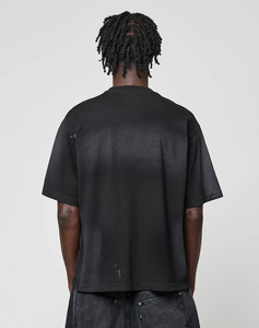 T-shirt noir oversize pour homme 100 % coton épais, col ras du cou, épaules tombantes, coupe ample, logo avant avec effet délavé soleil - Product Image 2